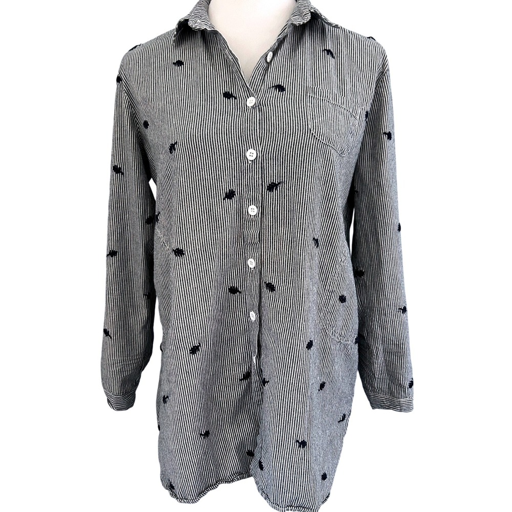 Zaful Striped Embroidered Leaves Button Down Tunic‎ Shirt Women's
